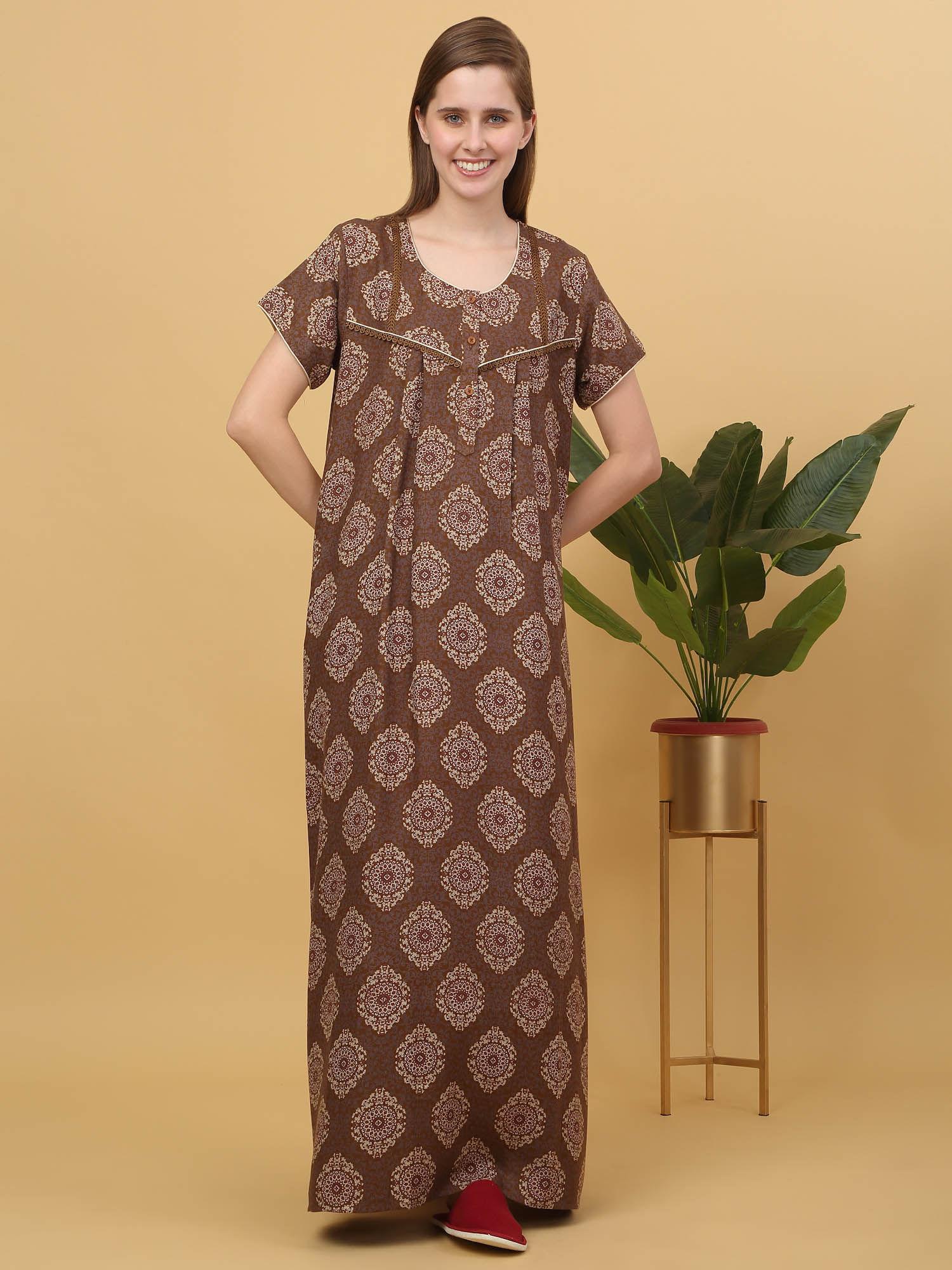 women printed full length night dress