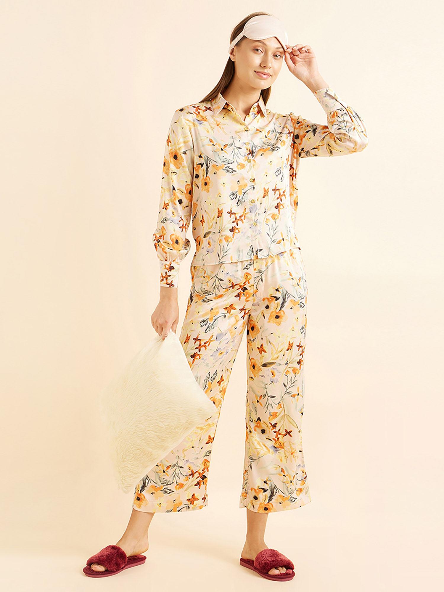 women printed full sleeves front open pyjama set - yellow (set of 2)