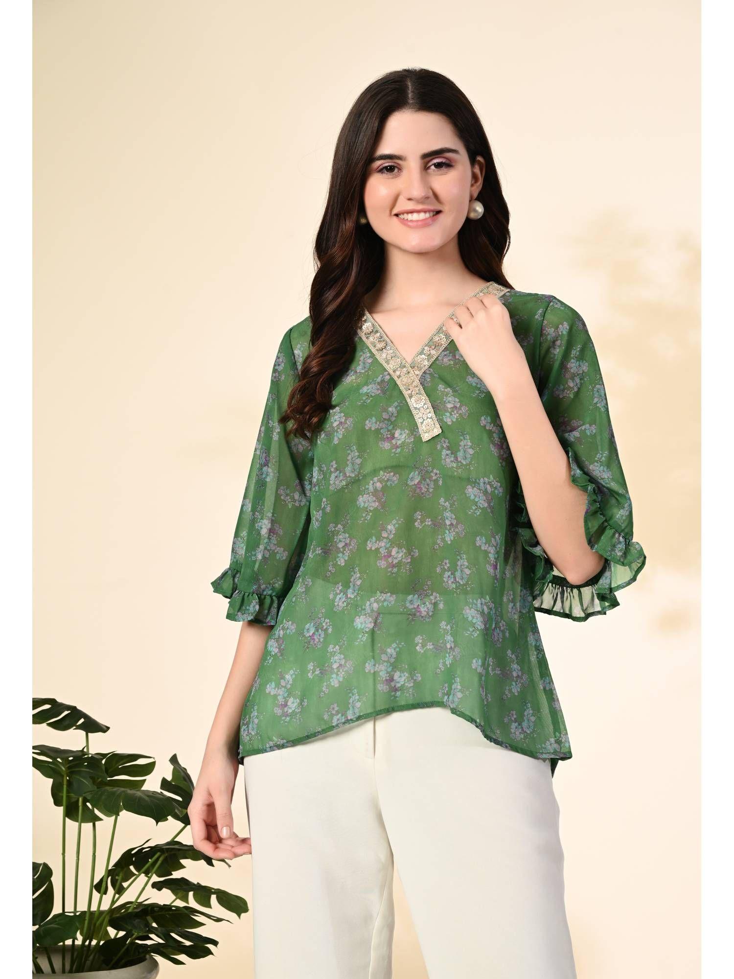 women printed georgette embellished party top-green