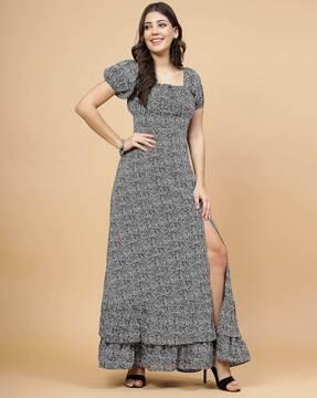 women printed gown dress with short sleeves