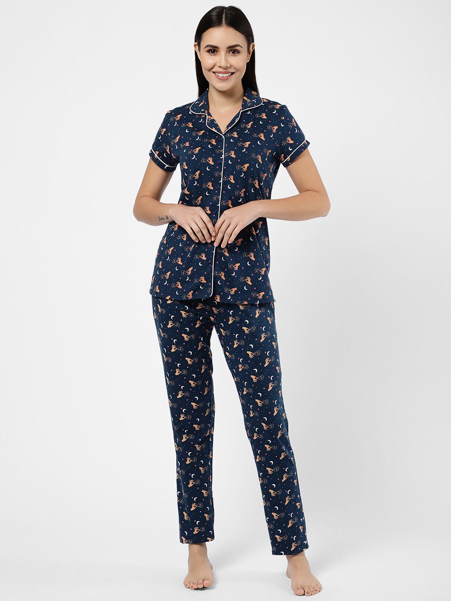 women printed half sleeves collar neck navy blue cotton top & pyjama set