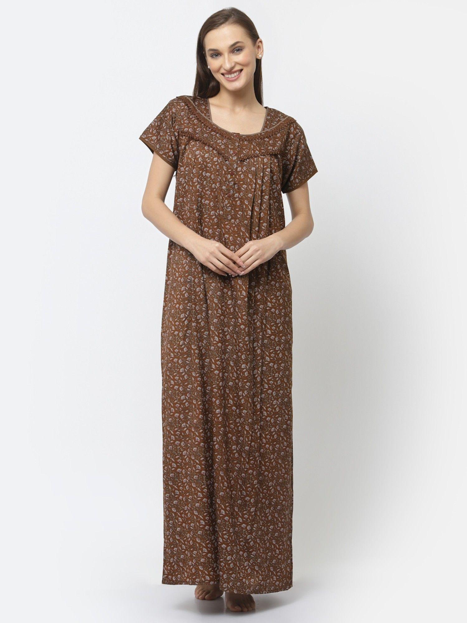 women printed half sleeves cotton blended maxi nightdress - brown