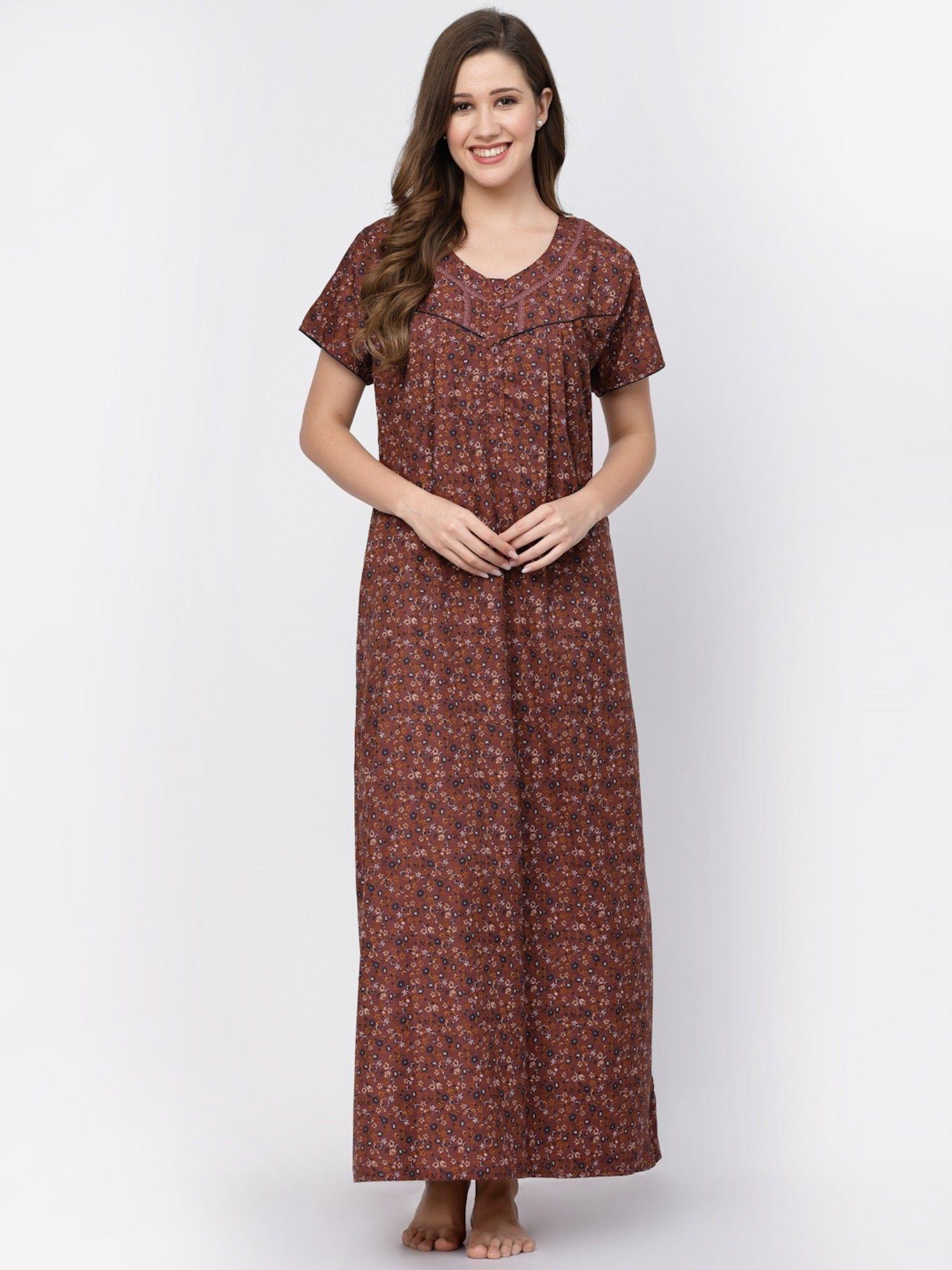 women printed half sleeves cotton blended maxi nightdress