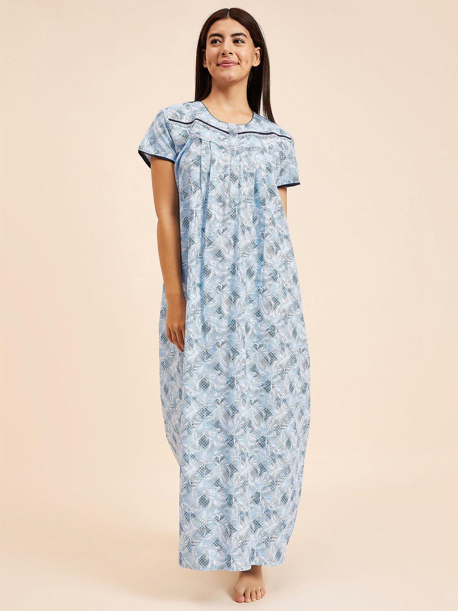 women printed half sleeves night gown - blue