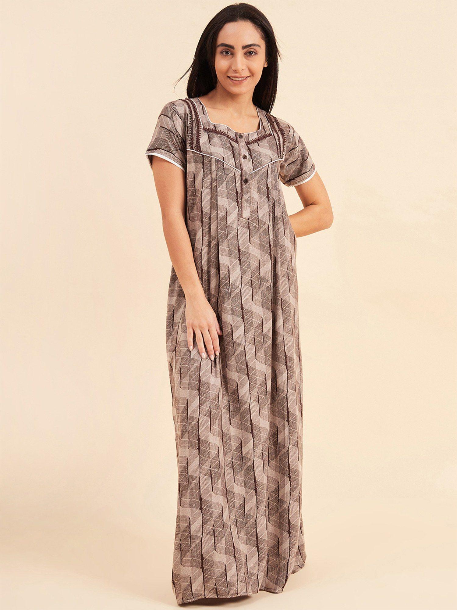 women printed half sleeves night gown - brown