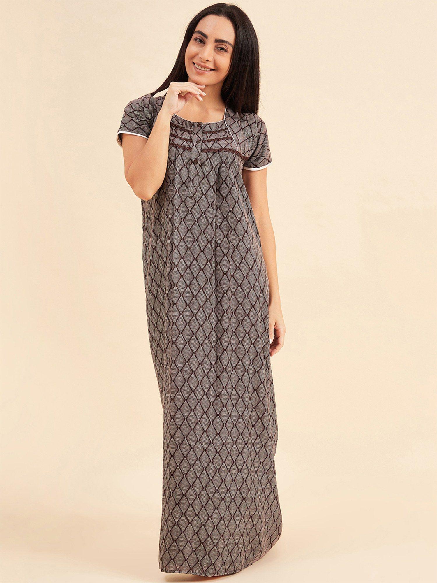 women printed half sleeves night gown - brown