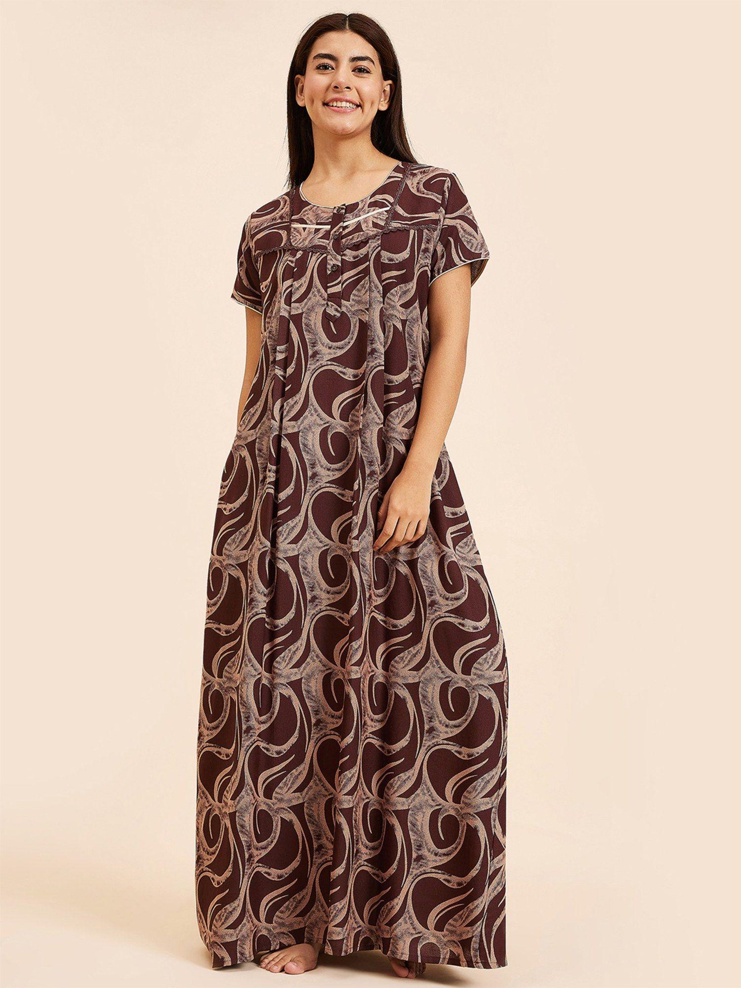 women printed half sleeves night gown - brown