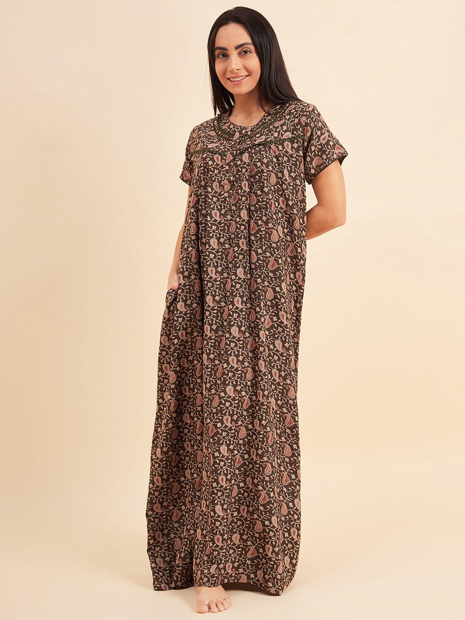 women printed half sleeves night gown - brown