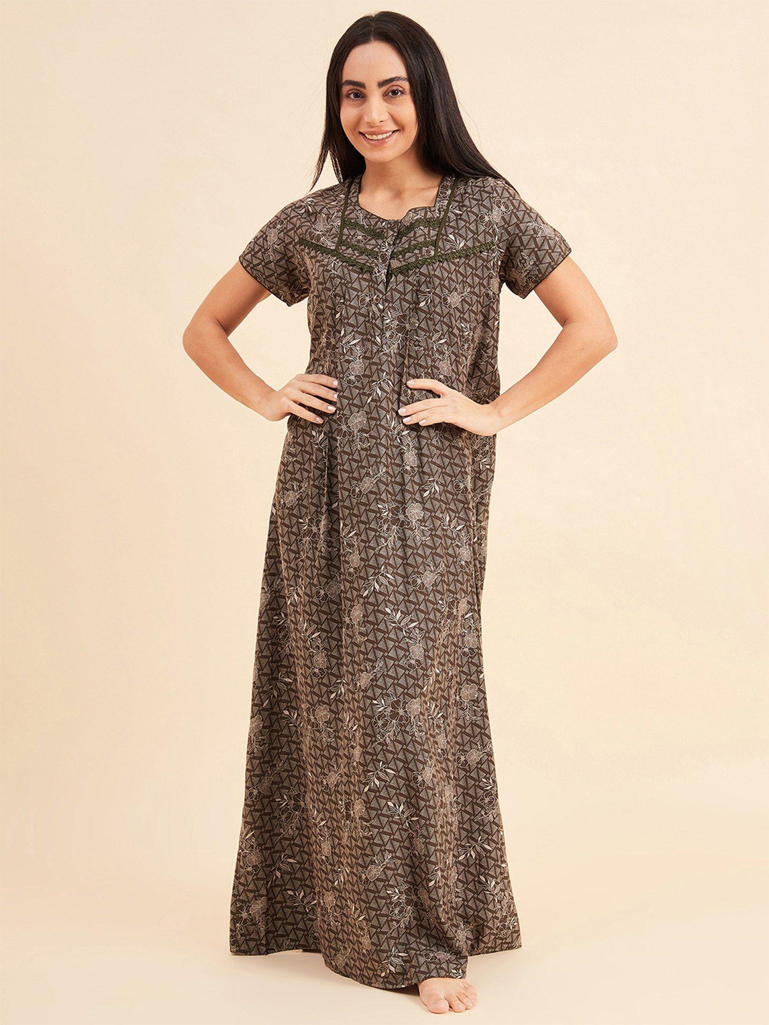 women printed half sleeves night gown - brown