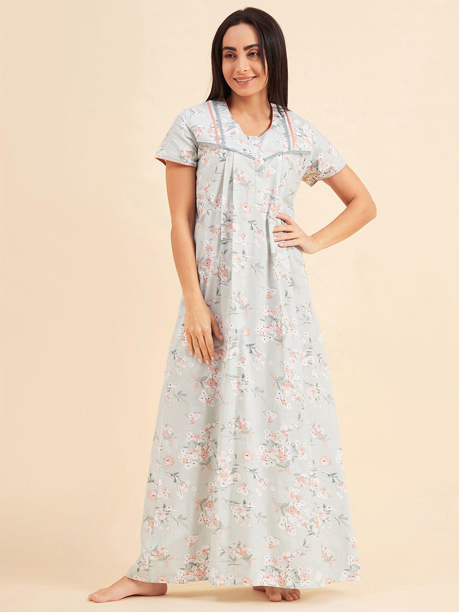 women printed half sleeves night gown - green