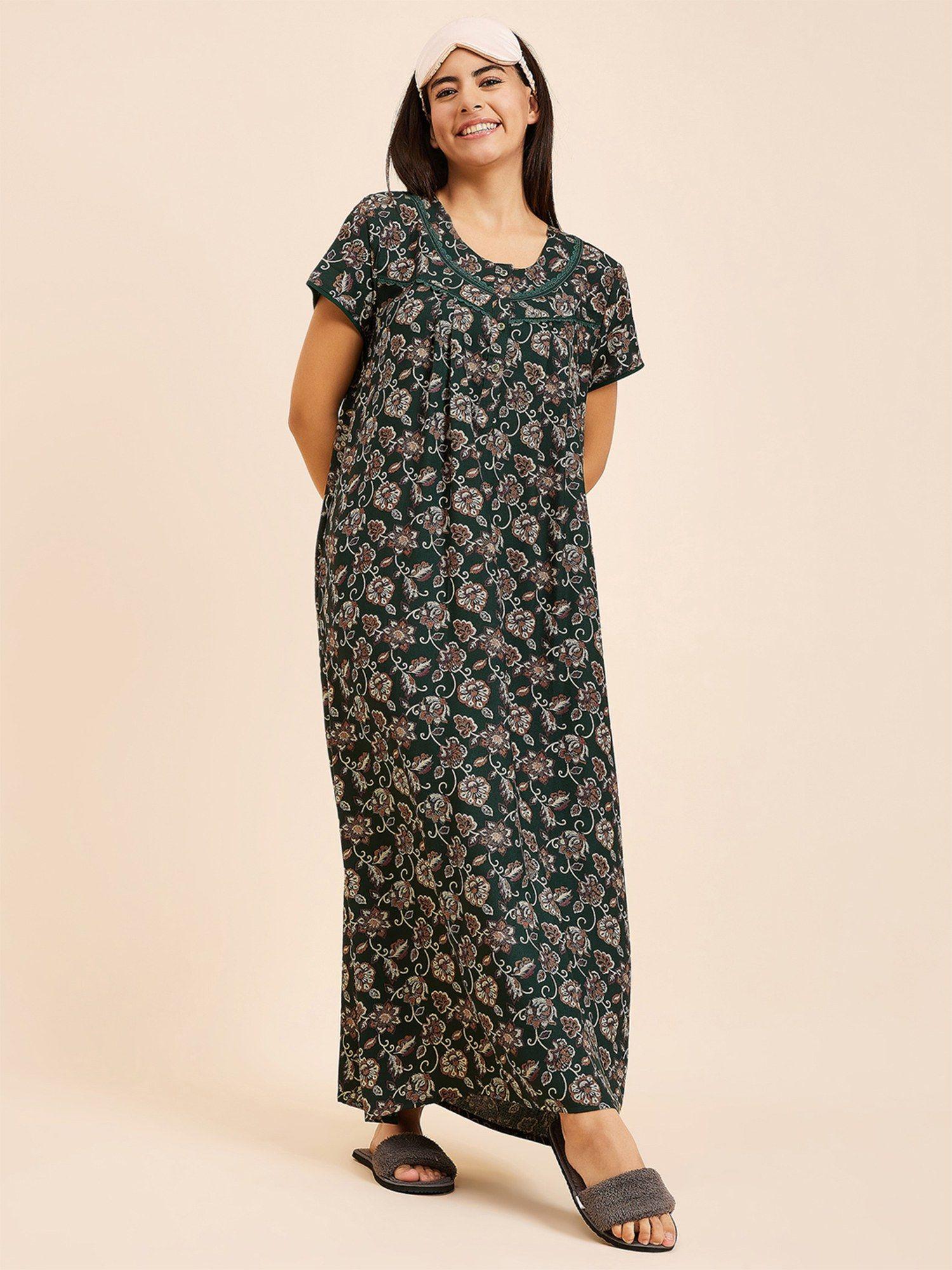 women printed half sleeves night gown - green