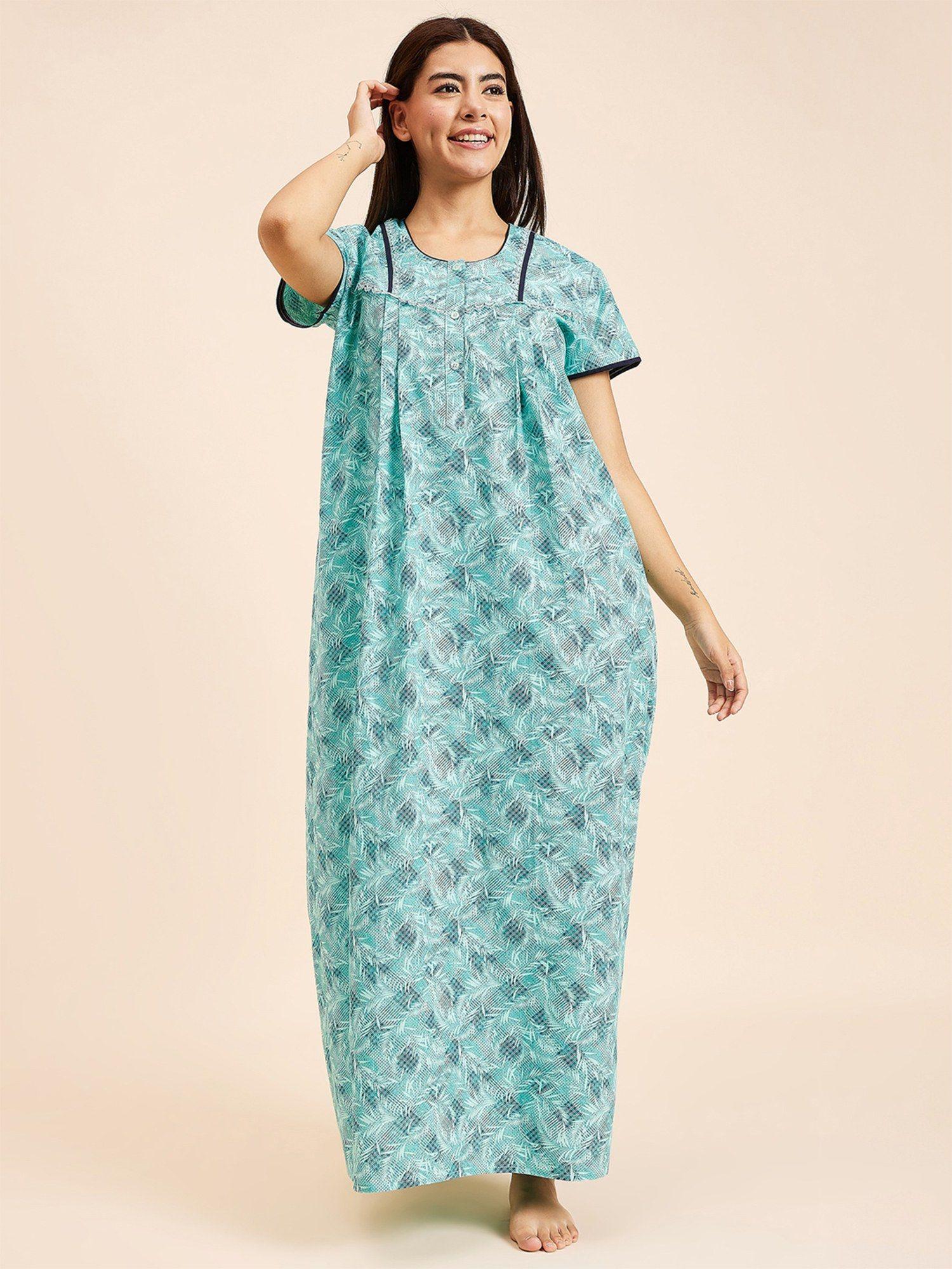 women printed half sleeves night gown - green