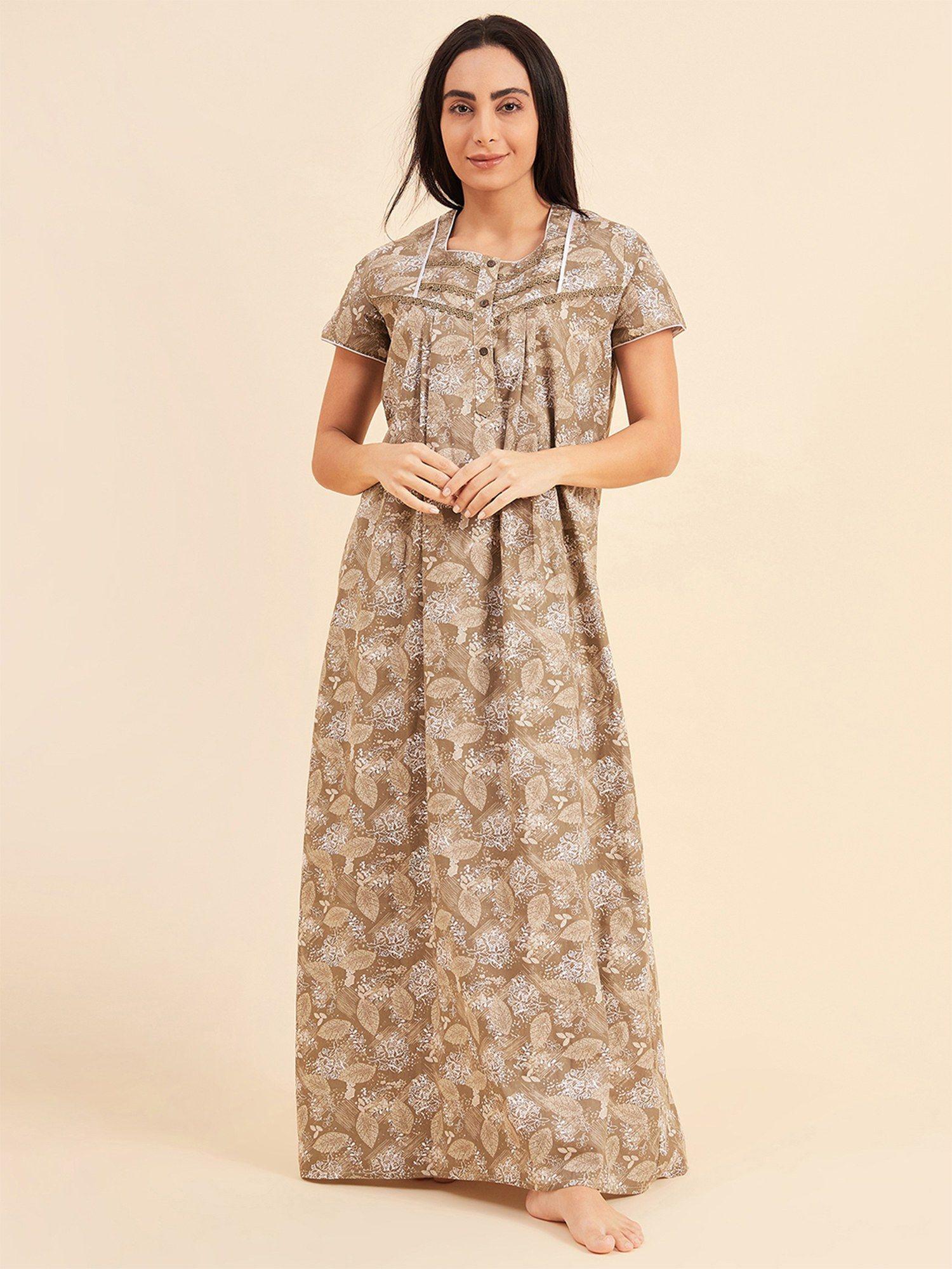 women printed half sleeves night gown - khaki