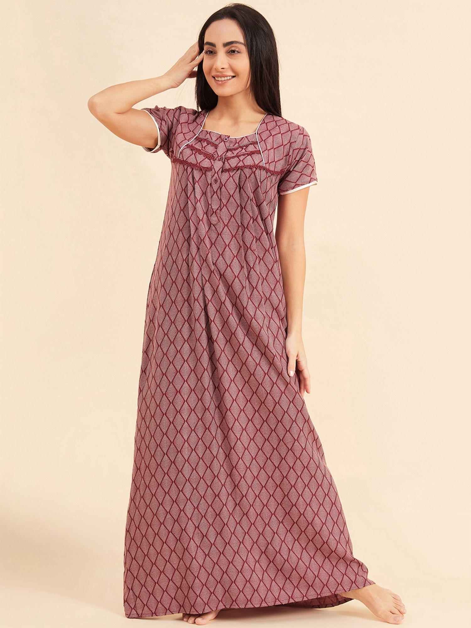 women printed half sleeves night gown - maroon