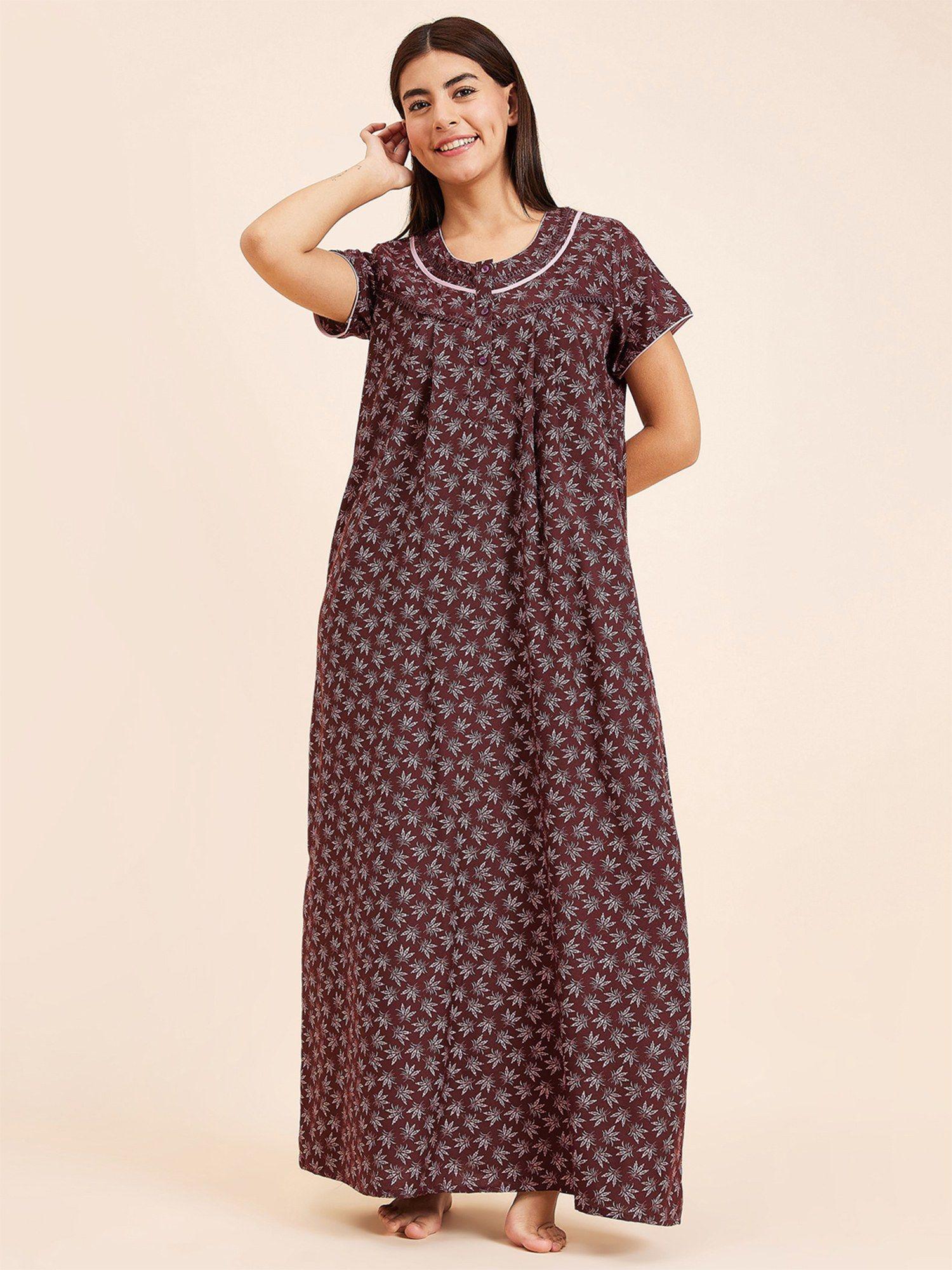 women printed half sleeves night gown - maroon