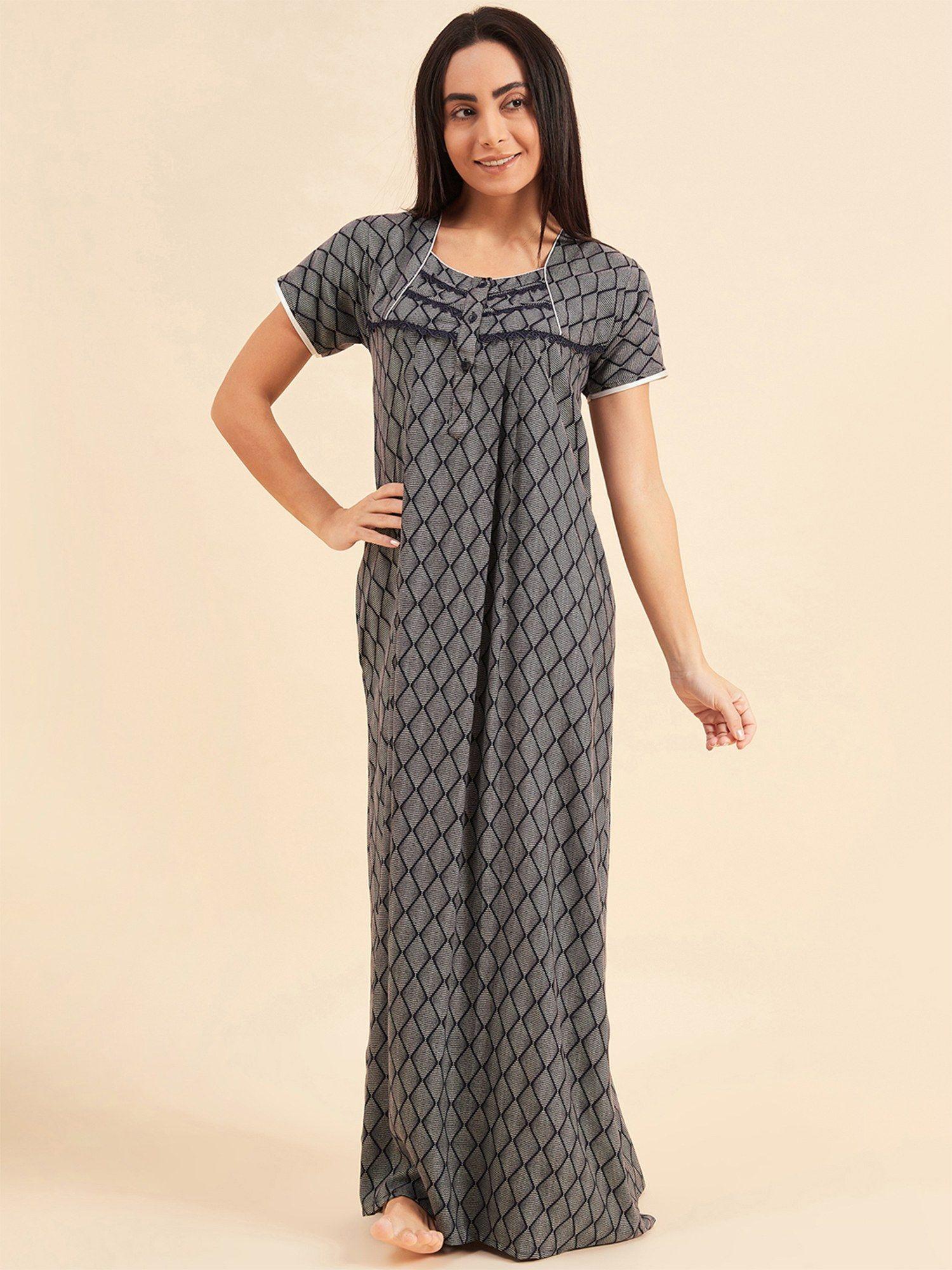 women printed half sleeves night gown - navy blue