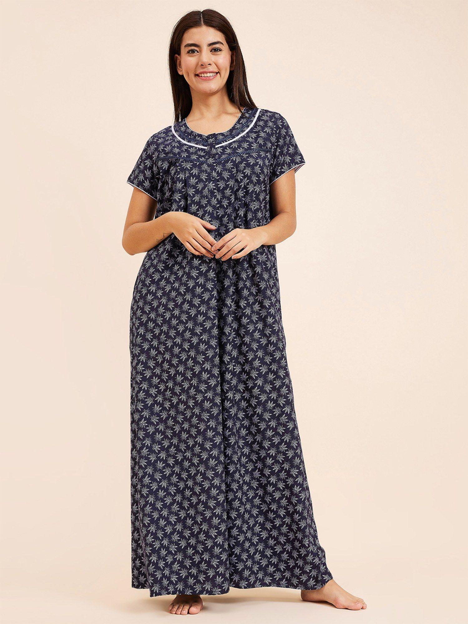 women printed half sleeves night gown - navy blue