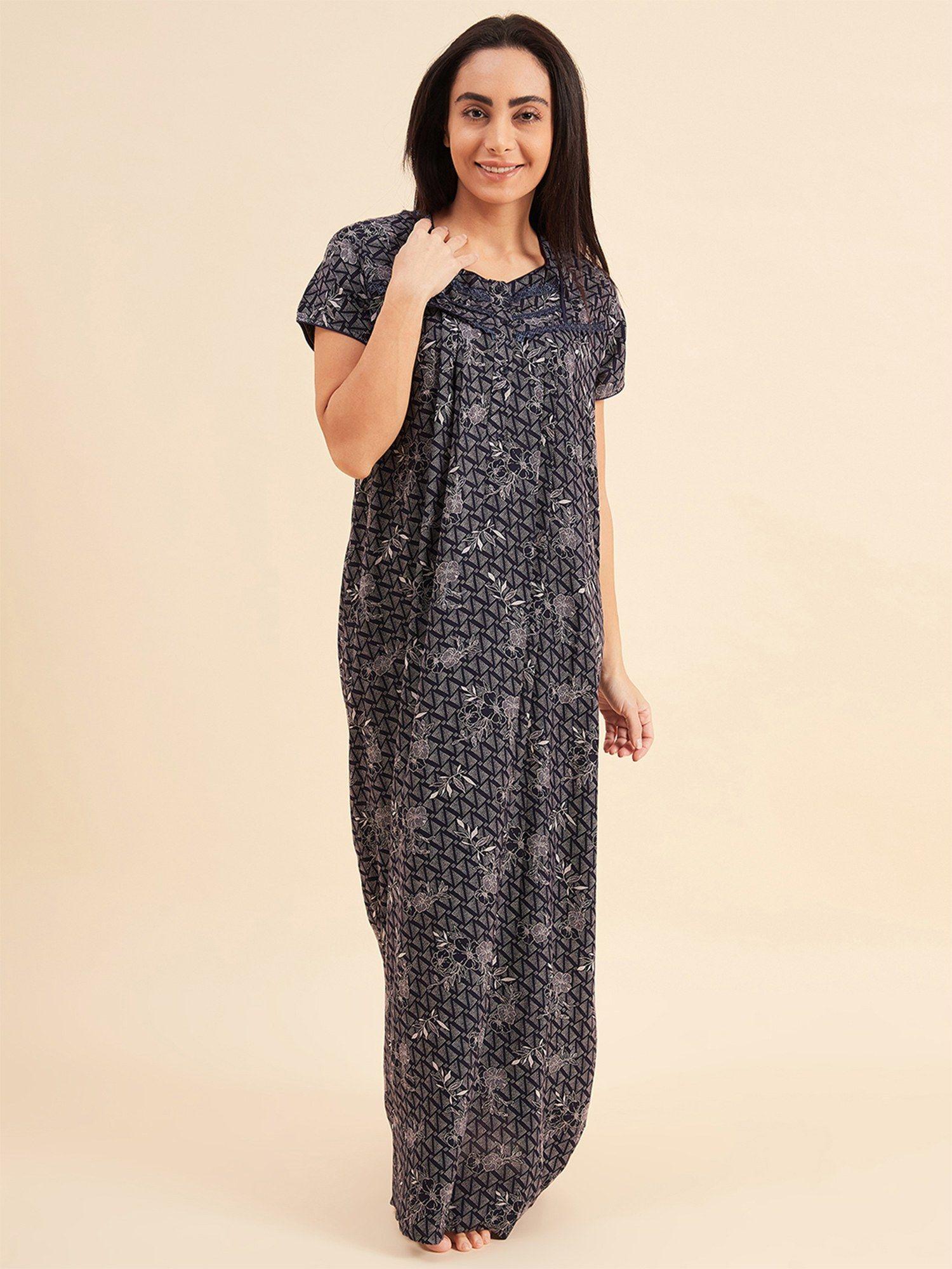 women printed half sleeves night gown - navy blue