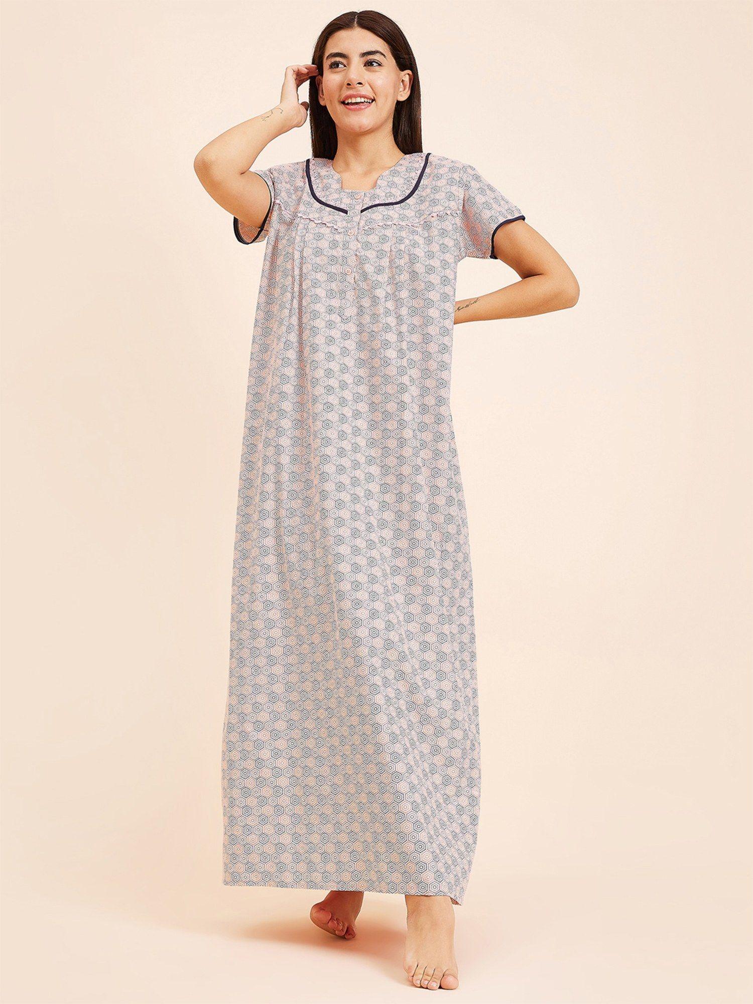 women printed half sleeves night gown - peach