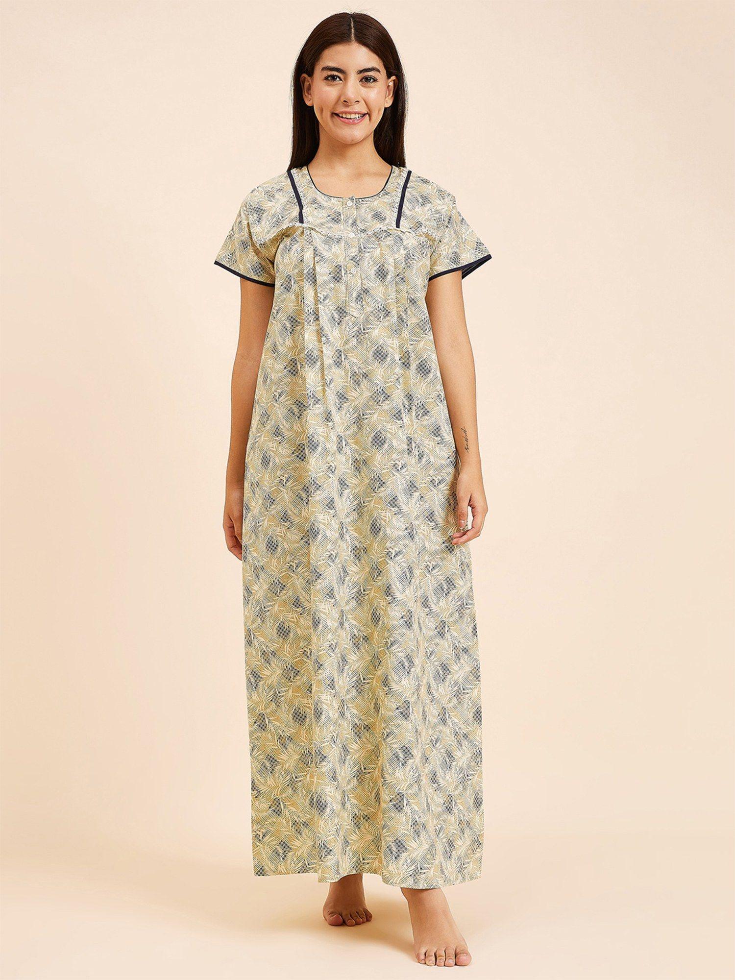 women printed half sleeves night gown - yellow