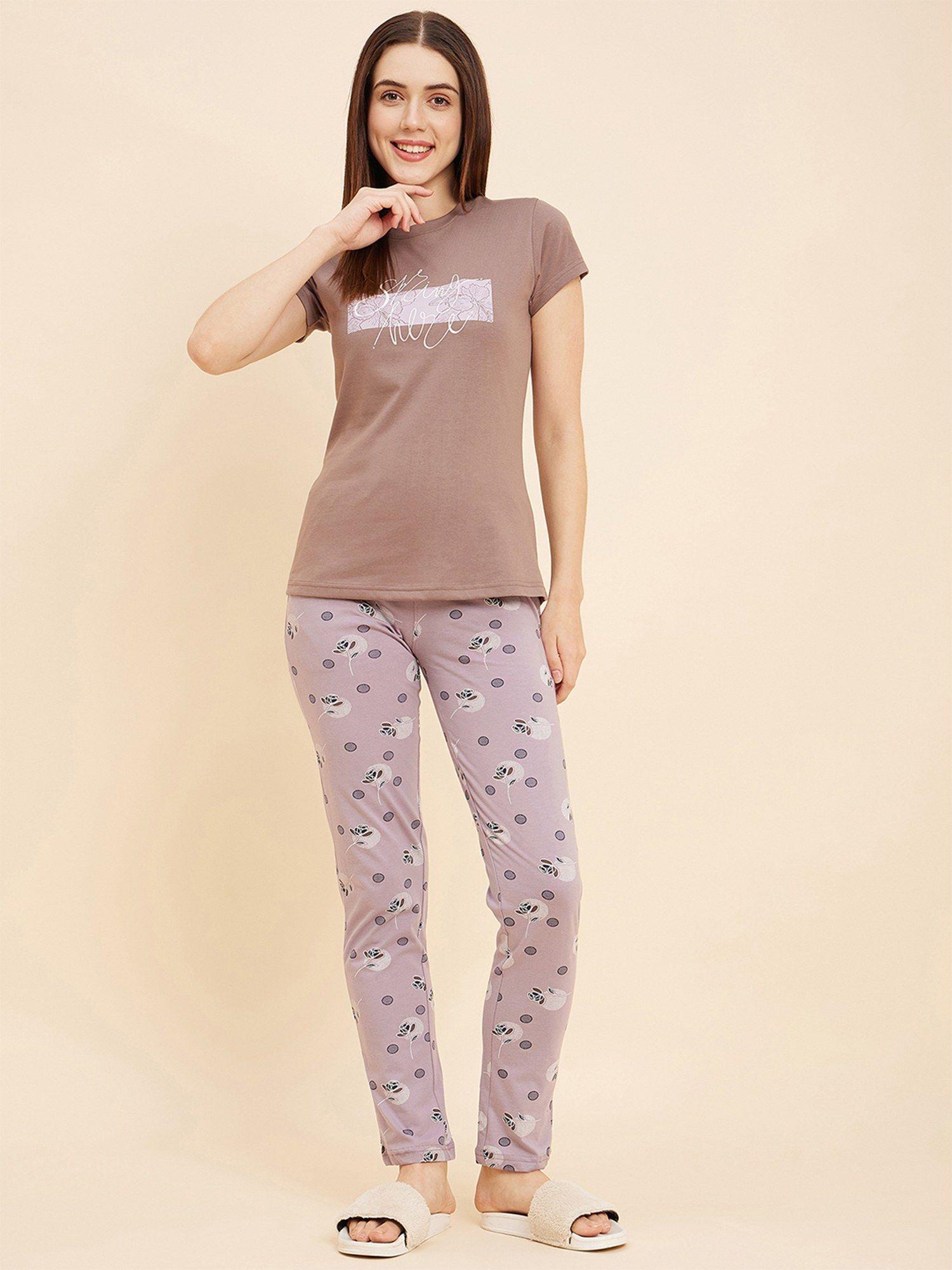 women printed half sleeves t-shirt and pyjama-lavender (set of 2)