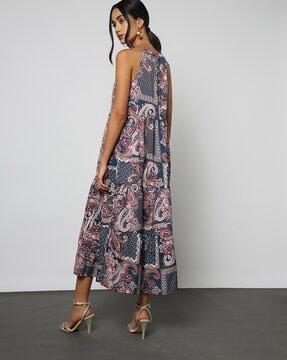 women printed halter-neck tiered dress