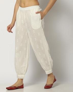 women printed harem pants with schiffli lace