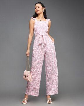 women printed jumpsuit with waist tie-up