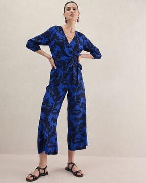 women printed jumpsuit with waist tie-up