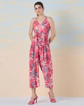 women printed jumpsuit with waist tie-up