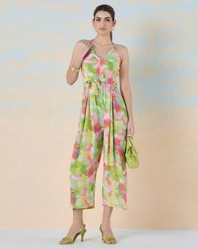 women printed jumpsuit with waist tie-up