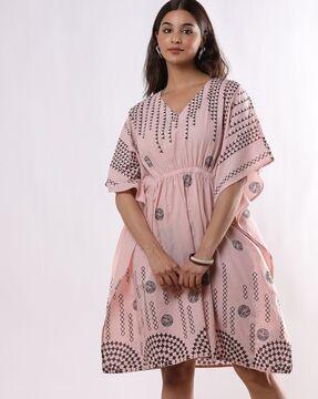 women printed kaftan dress with elasticated waist