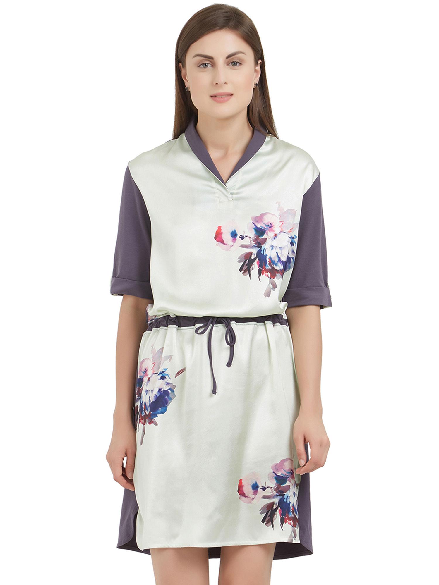 women printed knee length nightdress - multi-color