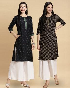 women printed knee length straight kurti (pack of 2)