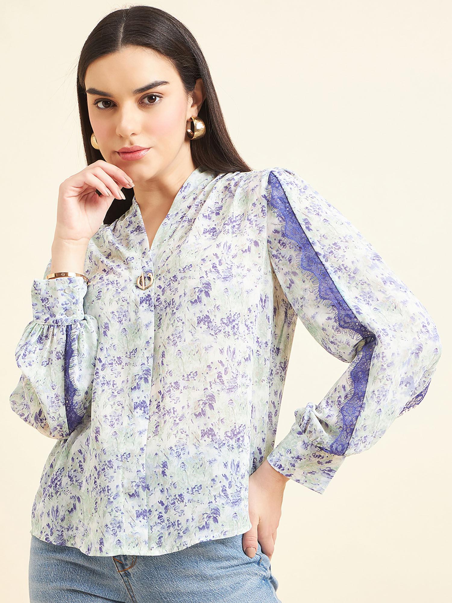 women printed lace georgette blue top