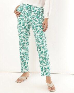 women printed linen mix loose fit trousers