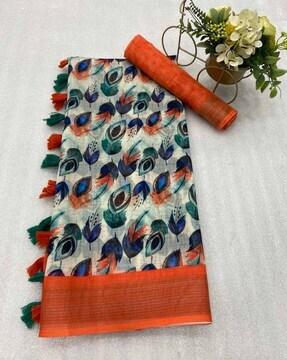 women printed linen saree with tassels