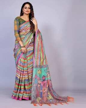 women printed linen saree with tassels