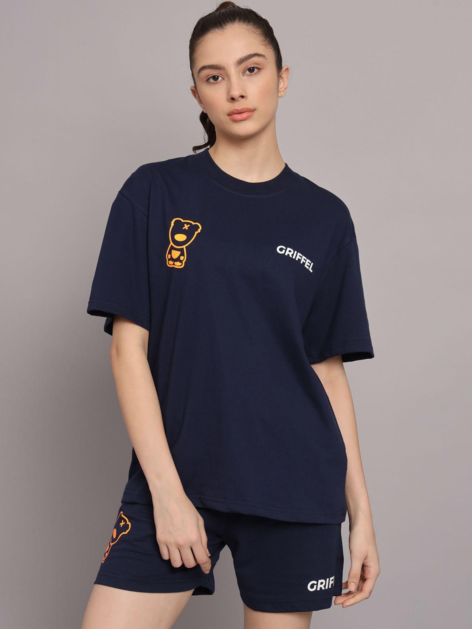 women printed loose fit navy t-shirt and shorts (set of 2)