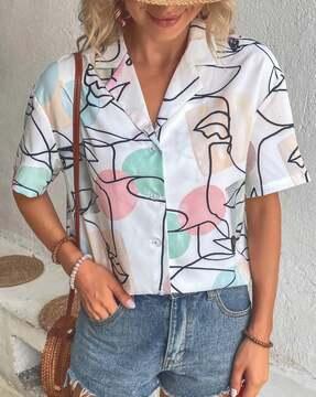 women printed loose fit shirt with cuban collar