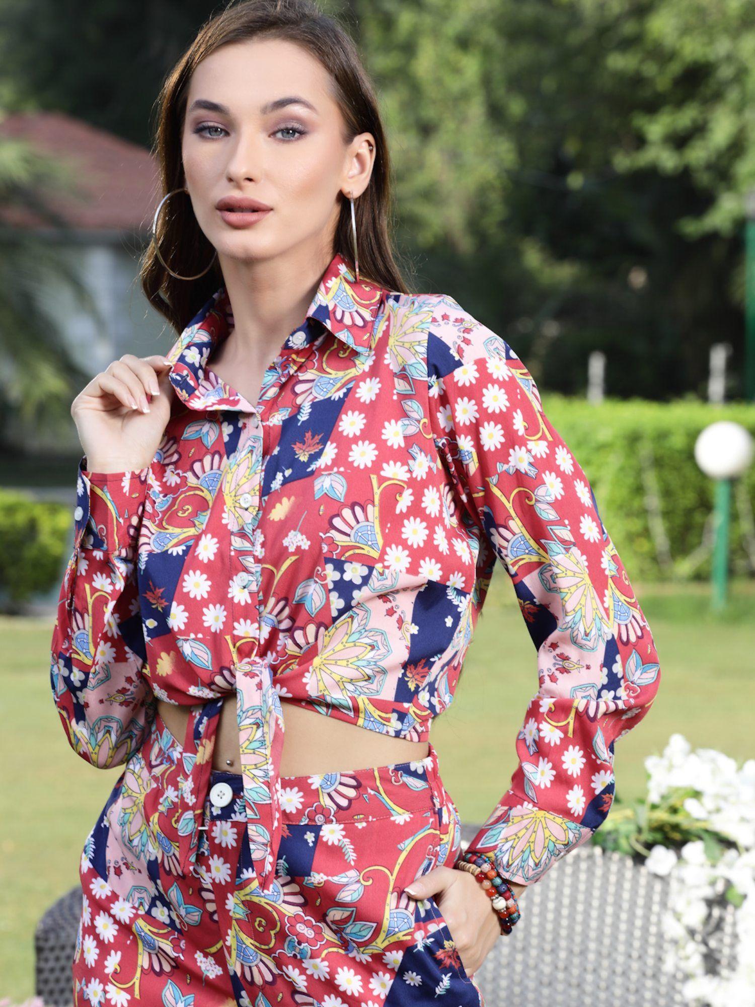 women printed mandarin collar long sleeve crop shirt (s)