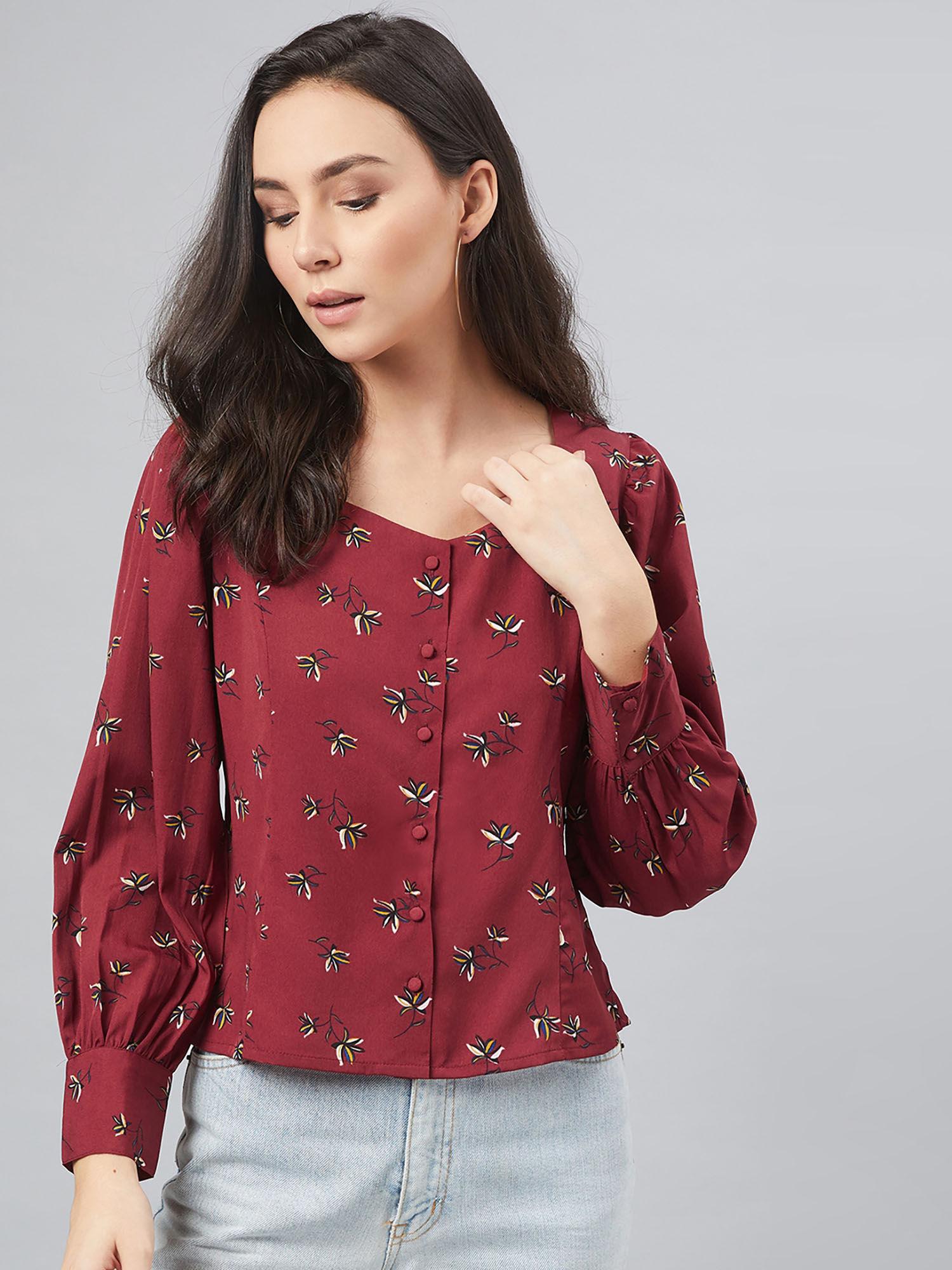 women printed maroon colour collarless shirt