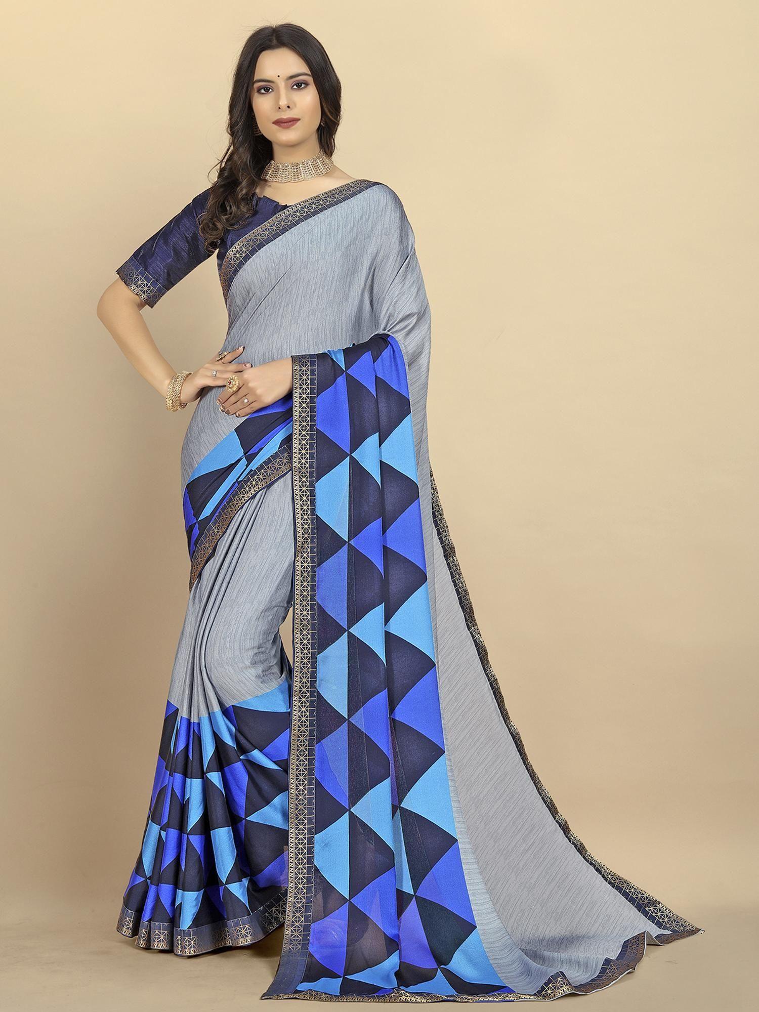 women printed moss georgette saree with unstitched blouse - grey