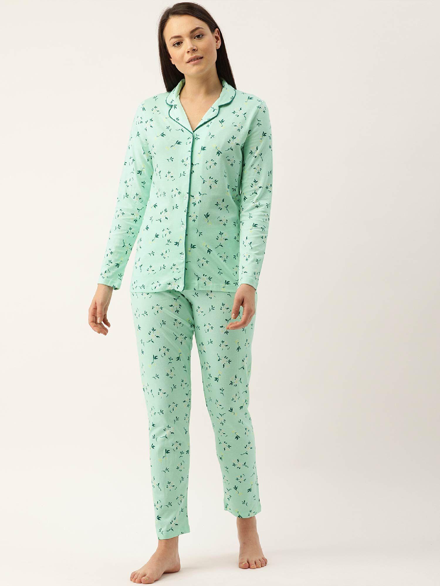 women printed night suit - green