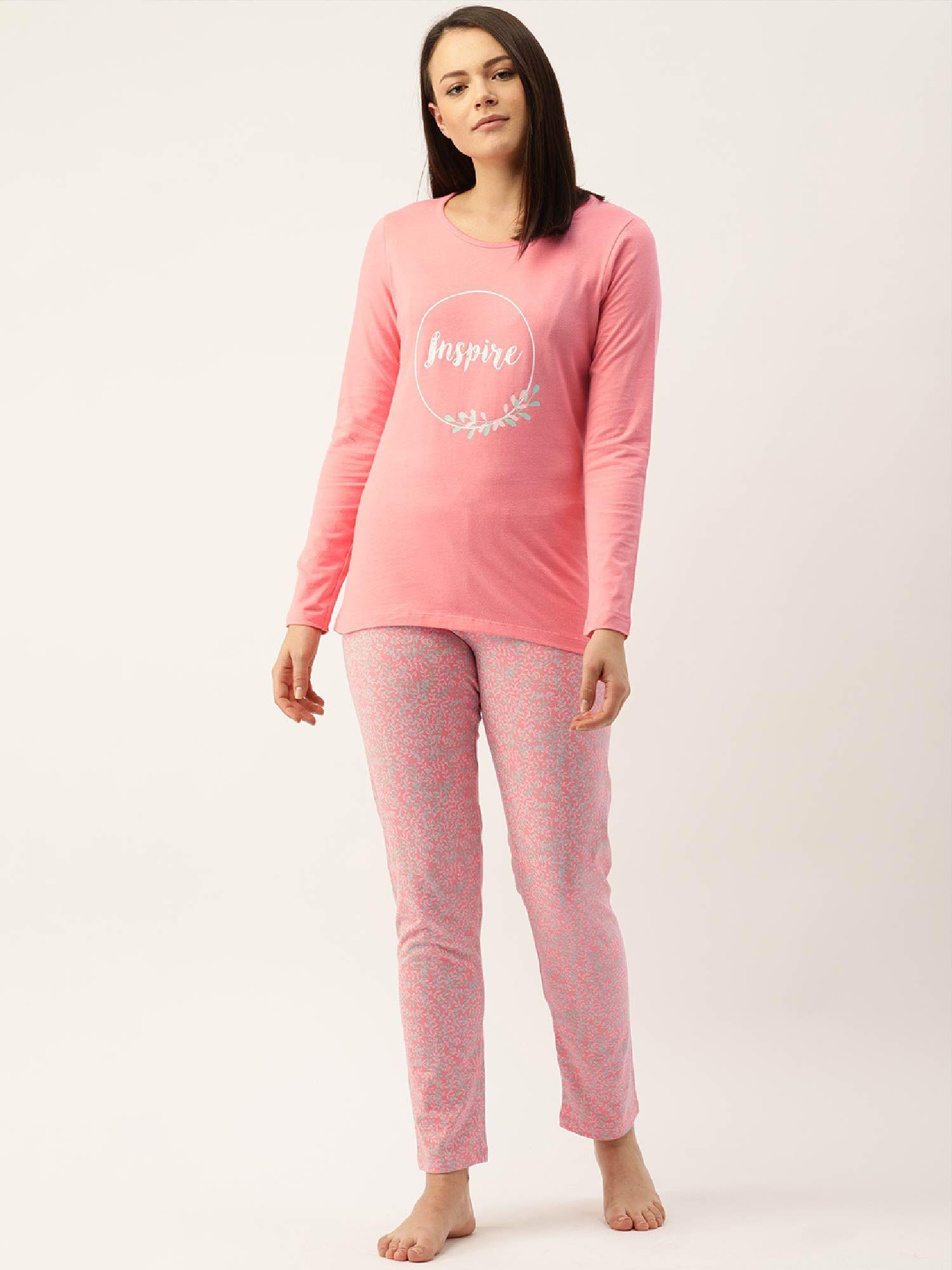 women printed night suit - pink