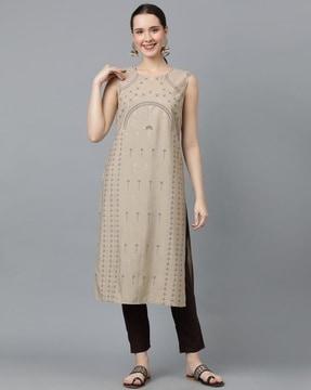 women printed no darts straight kurta