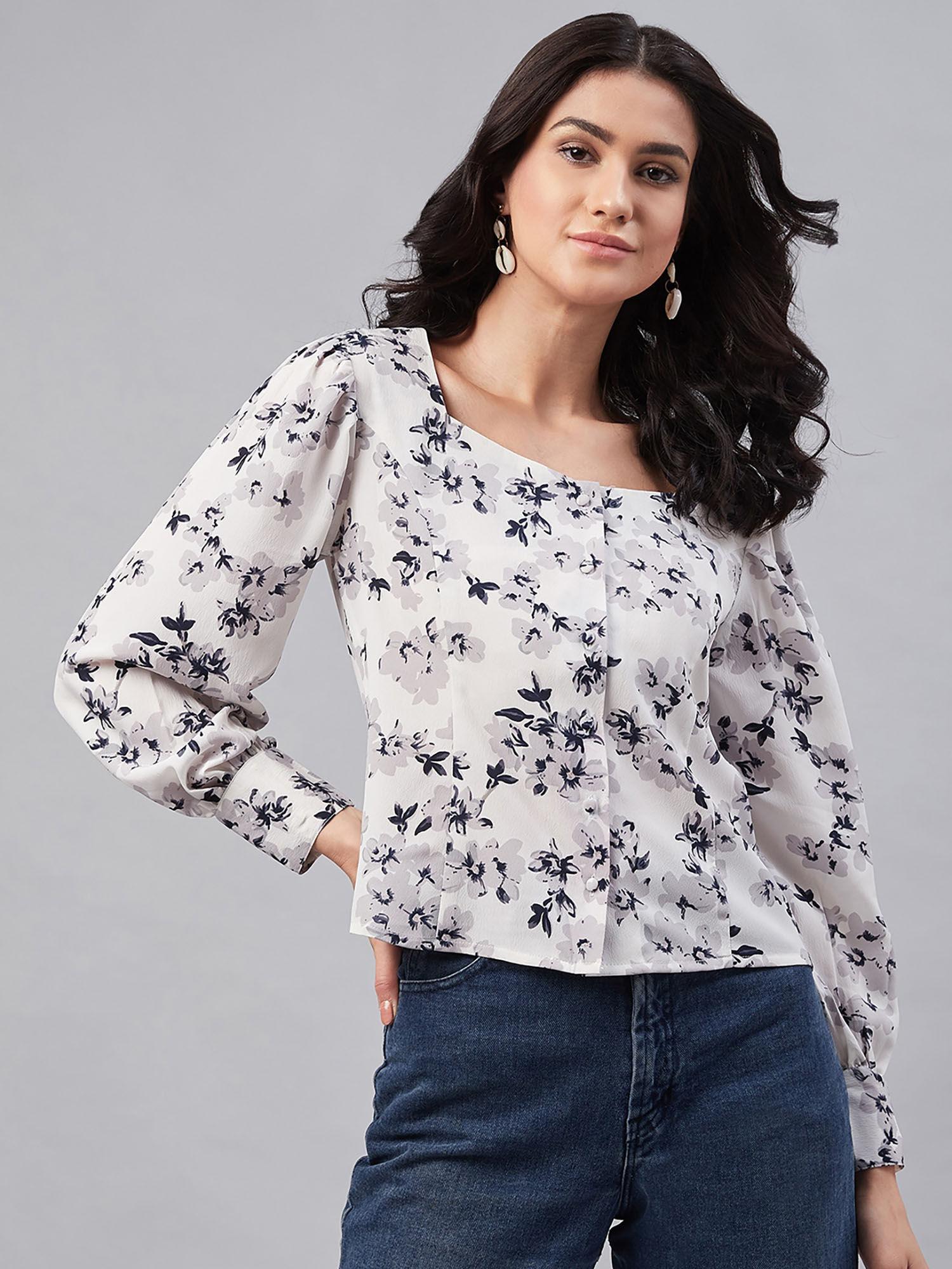 women printed off white colour collarless shirt