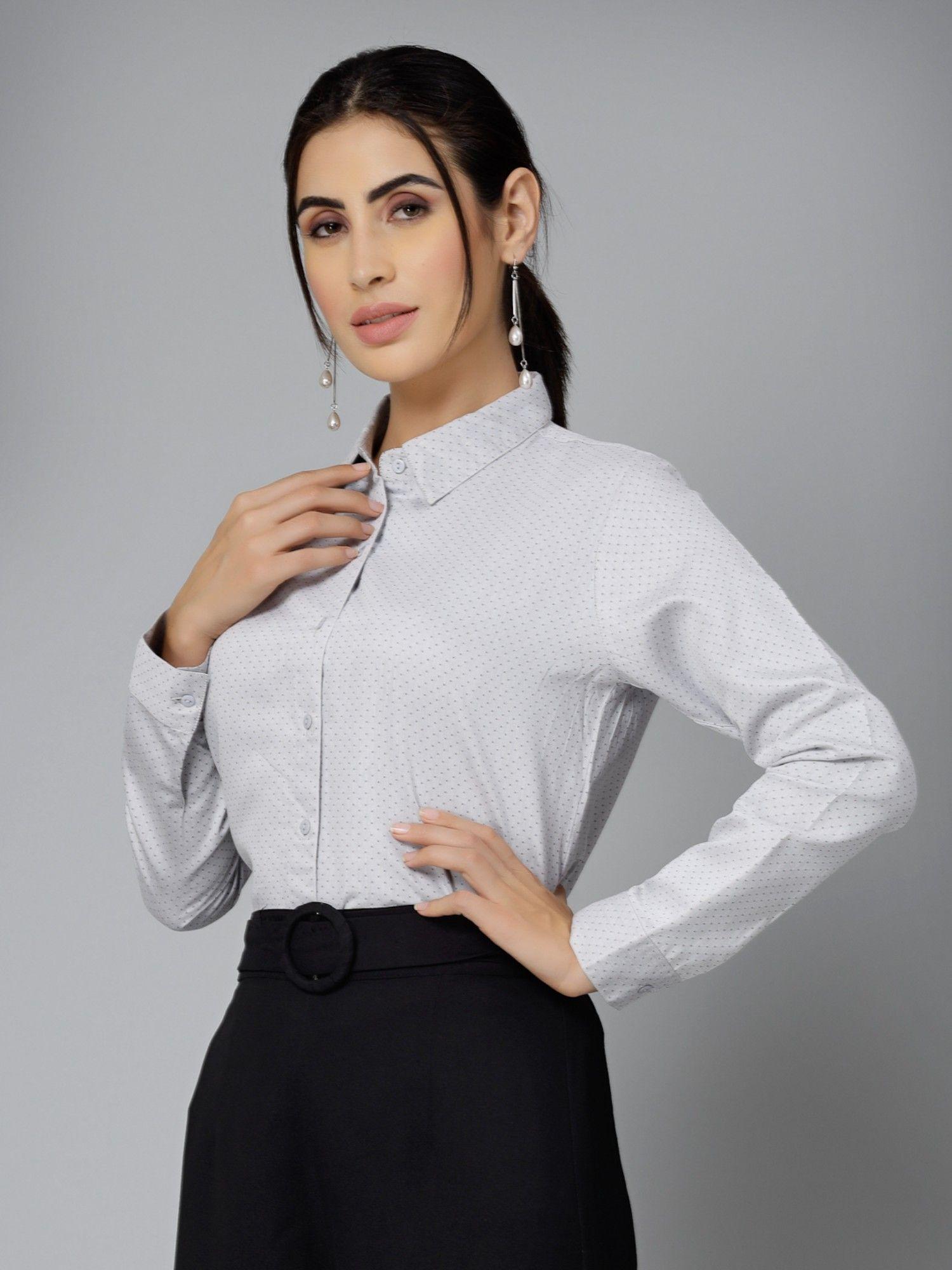 women printed off white polycotton formal shirt