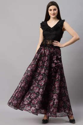 women printed organza flared maxi lehenga skirt with top - purple