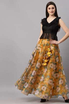 women printed organza flared maxi lehenga skirt with top - yellow